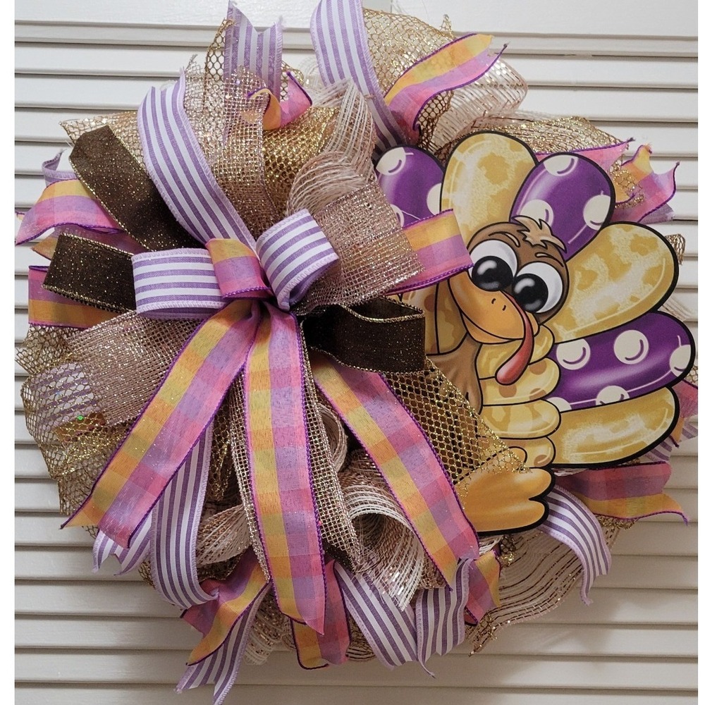 Thanksgiving Turkey Door Wreath Purple Plaid Gold Fall Door Decor